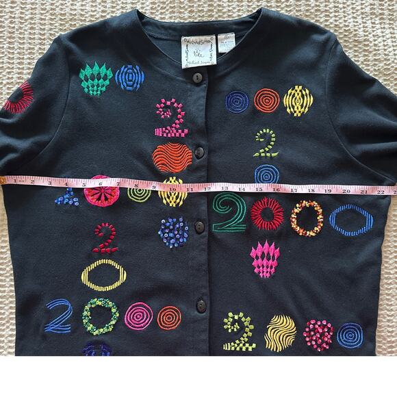 Vintage Y2K Michael Simon‎ Lite Black Cotton Knit Embroidered Cardigan Top Large - Picture 4 of 5